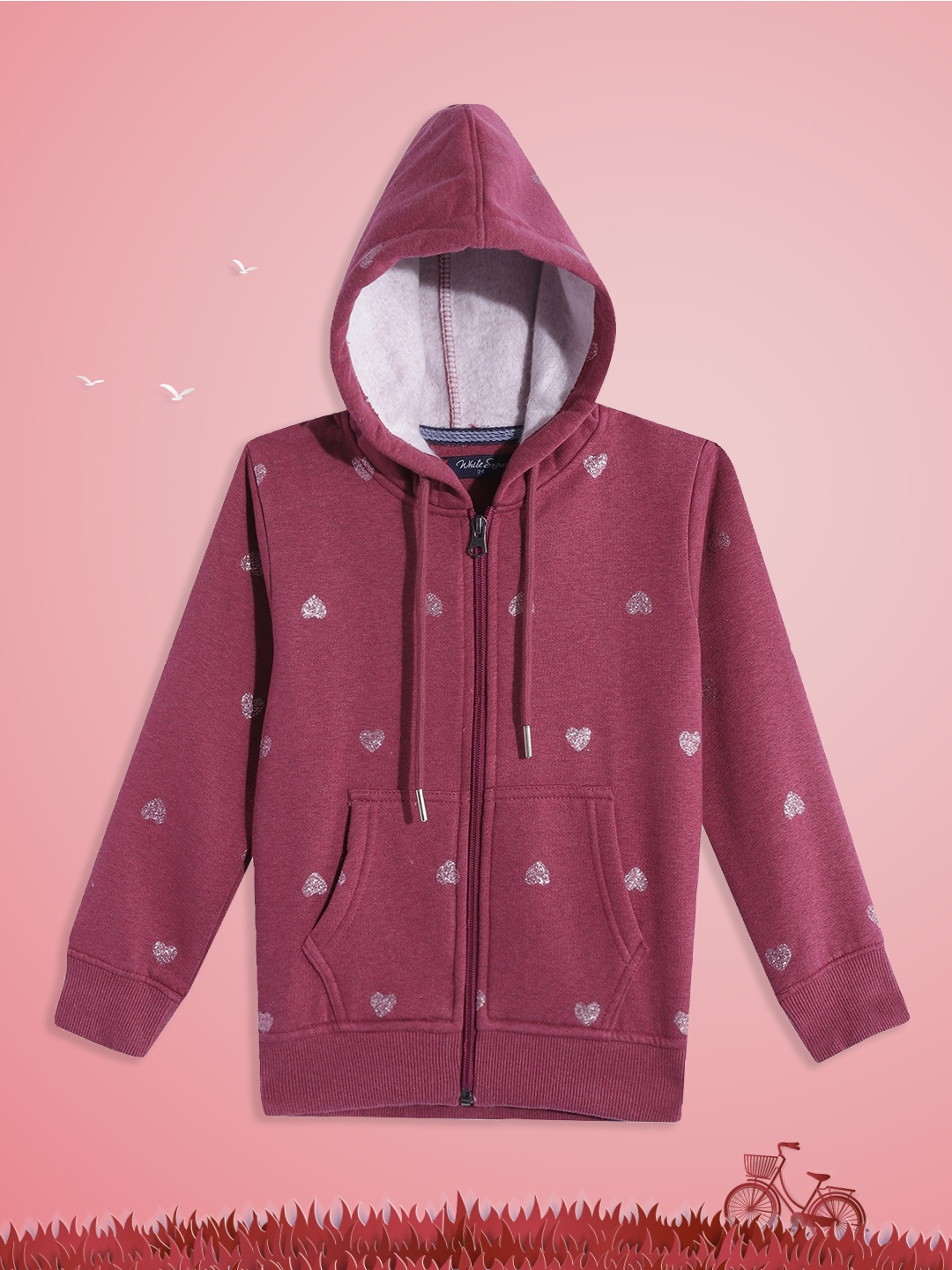 

White Snow Girls Magenta Heart Shimmery Detail Hooded Sweatshirt