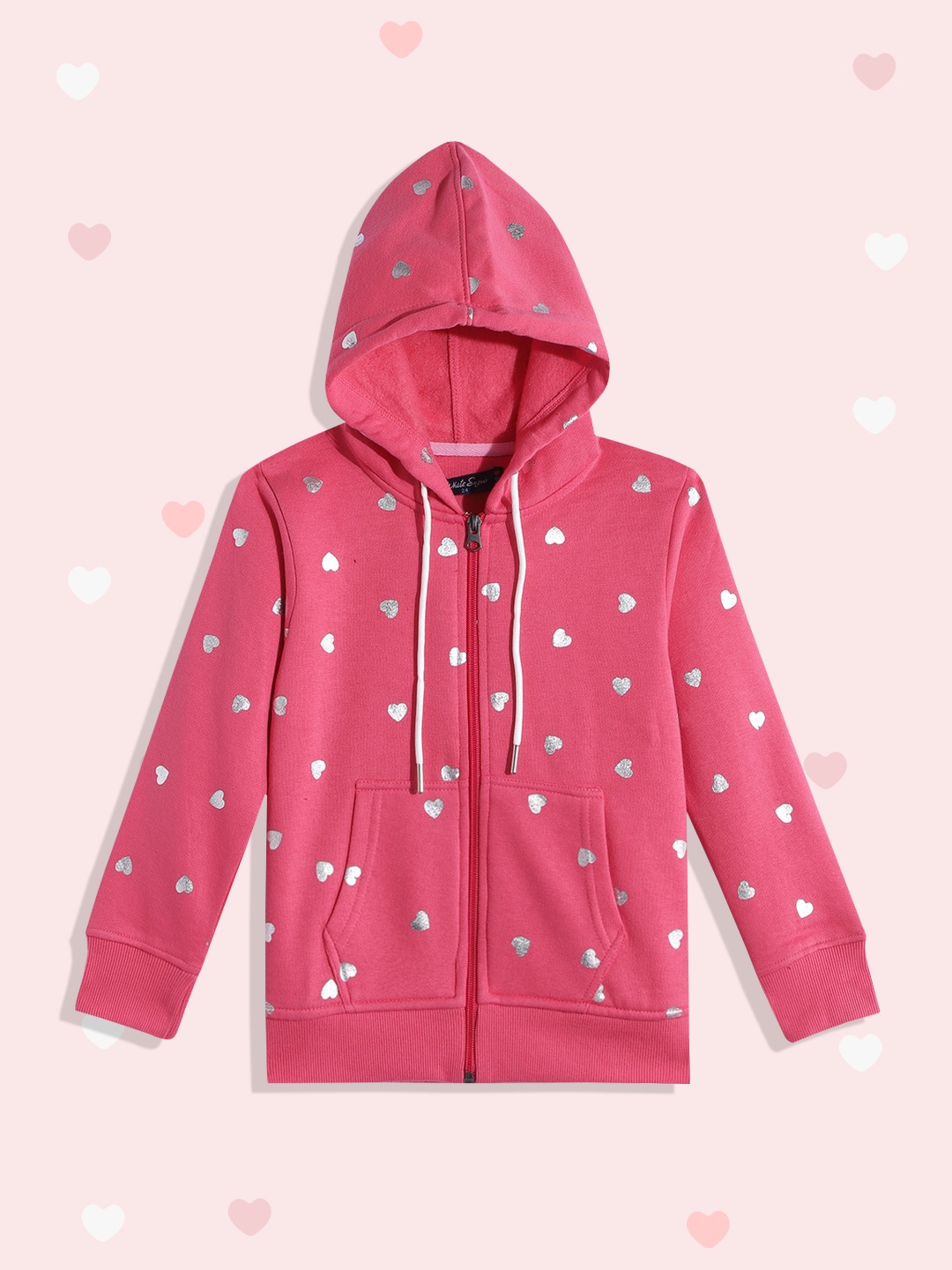 

White Snow Girls Pink & Silver-Toned Heart Print Hooded Sweatshirt