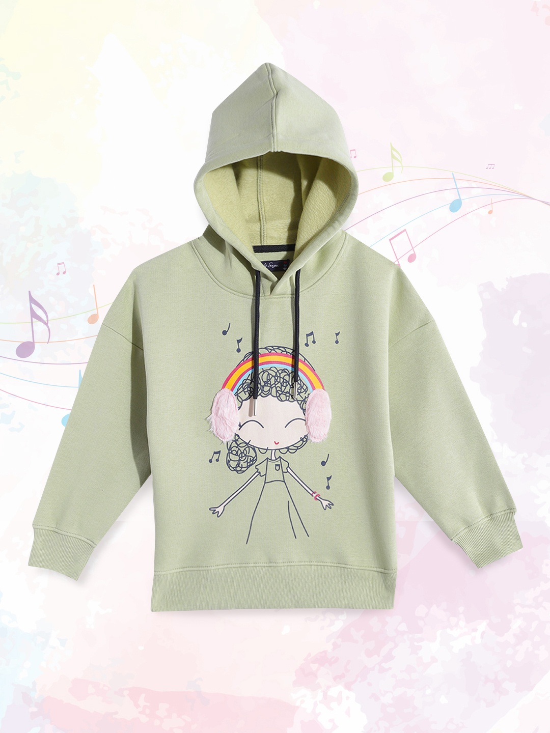 

White Snow Girls Sage Green & Pink Graphic Printed Hooded Sweatshirt