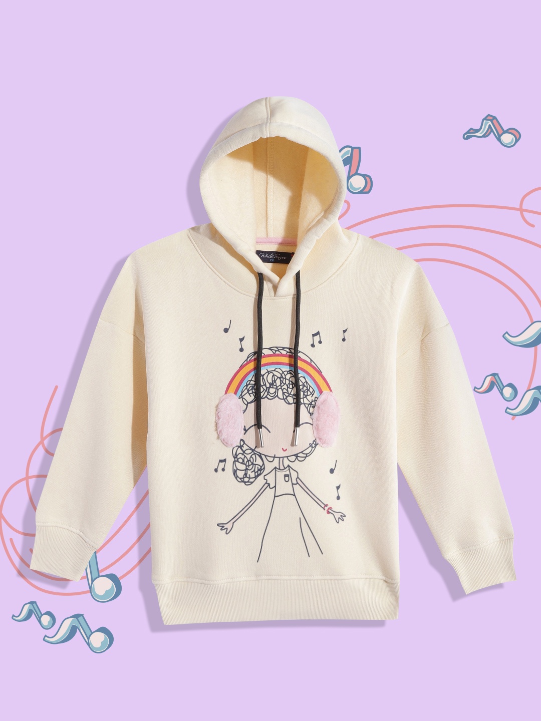 

White Snow Girls Beige & Black Graphic Printed Hooded Sweatshirt with Fur Applique