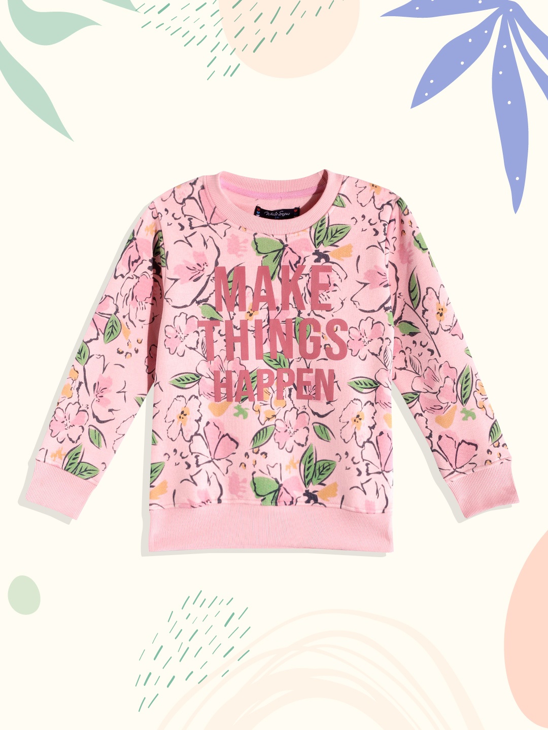 

White Snow Girls Pink & Green Floral Printed Sweatshirt
