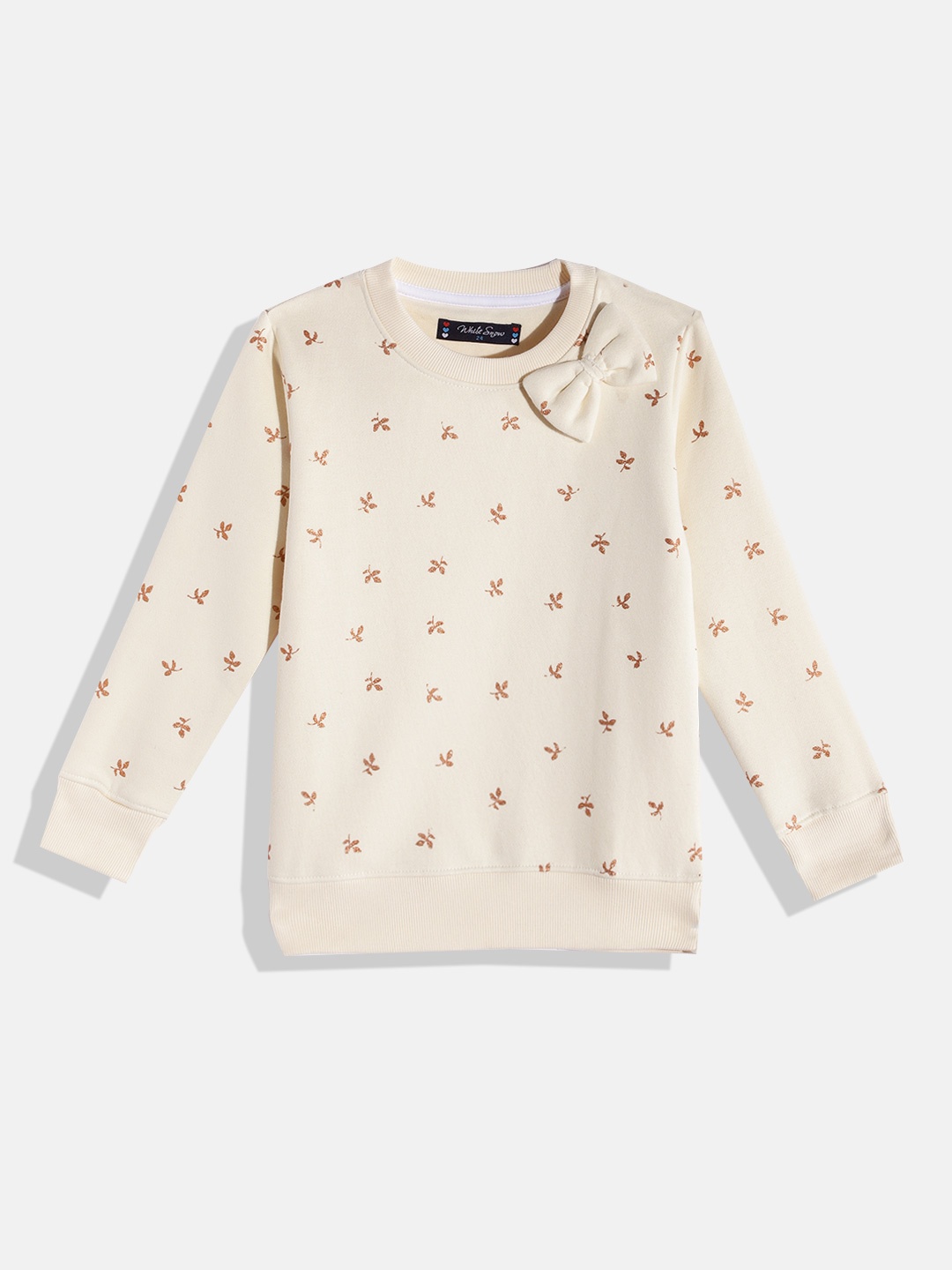 

White Snow Girls Off White & Bronze Conversational Printed Sweatshirt with Bow Detail
