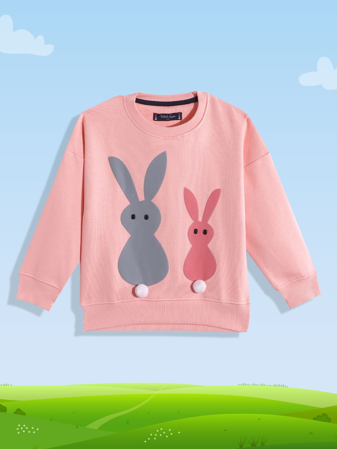 

White Snow Girls Pink & Grey Graphic Printed Stone & Fur Embellished Sweatshirt