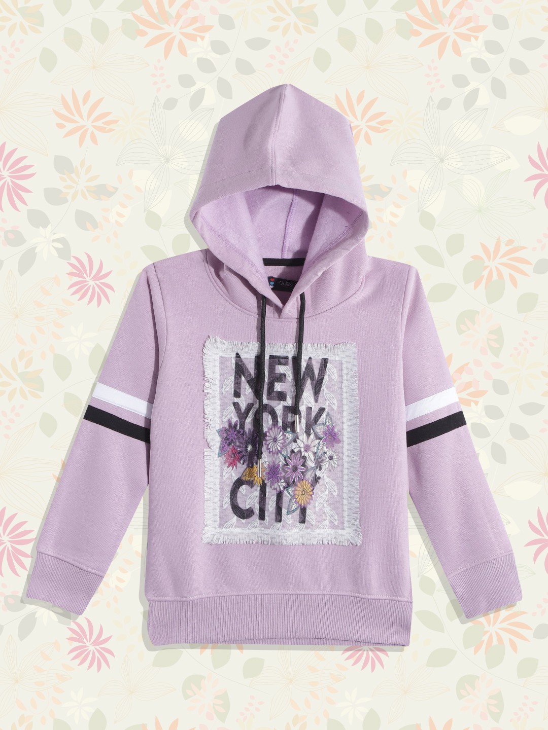 

White Snow Girls Lavender & White Floral Printed Lace Inserts Hooded Sweatshirt