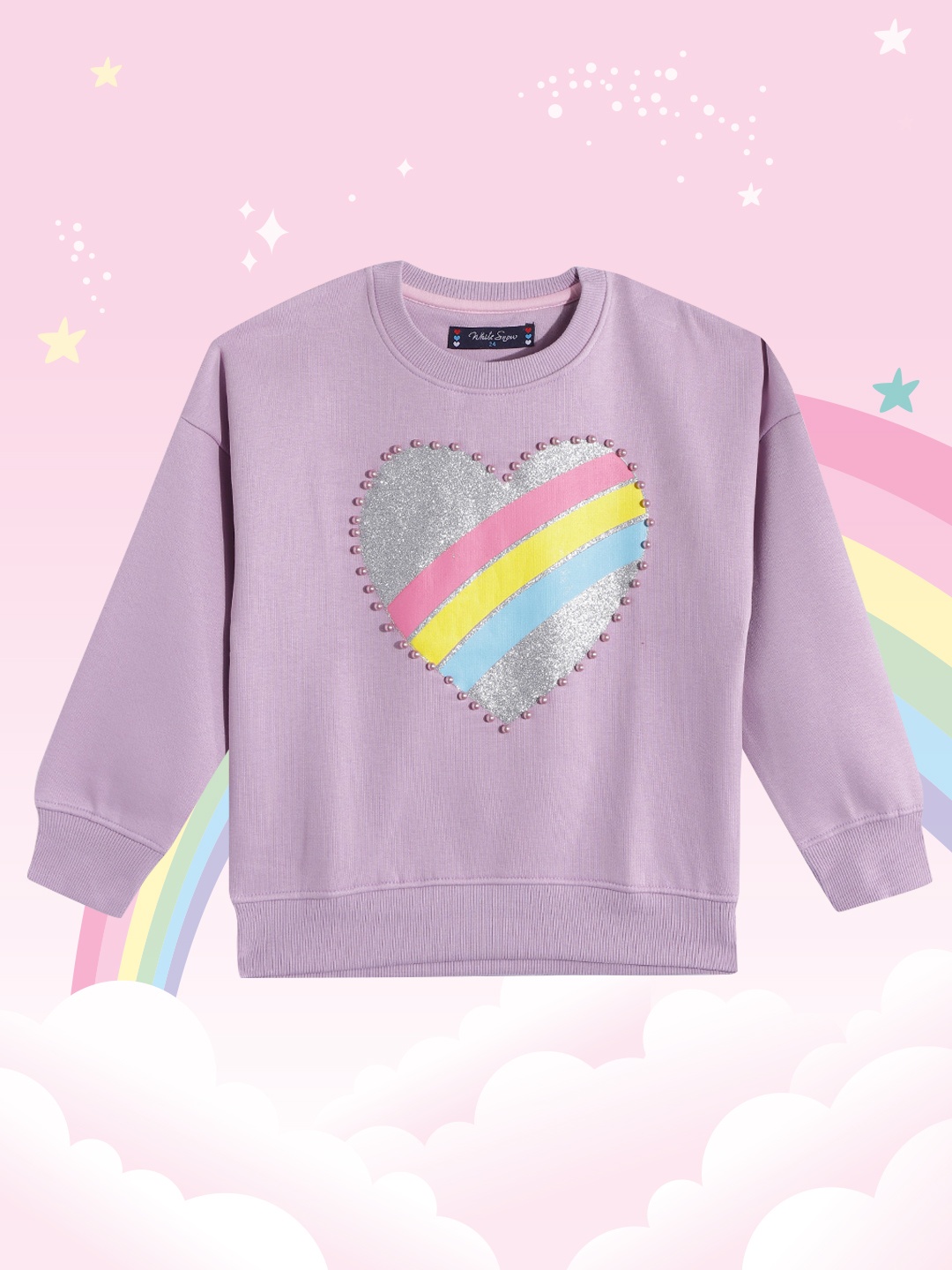 

White Snow Girls Lavender & Yellow Hear-Shaped Striped Beads Embllished Sweatshirt