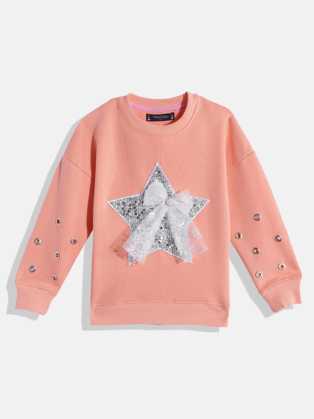 

White Snow Girls Peach-Coloured & Silver Sequined Lace Bow Detail Sweatshirt