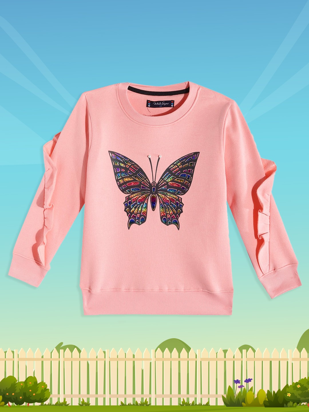 

White Snow Girls Pink Butterfly Print Sweatshirt