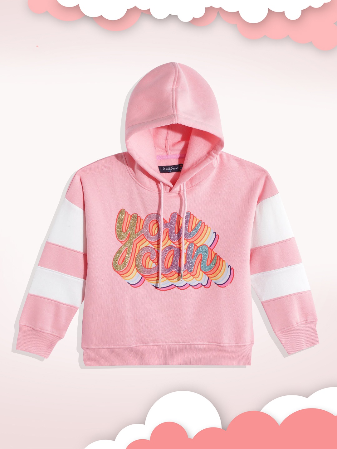 

White Snow Girls Pink & Yellow Shimmery Typography Printed Hooded Sweatshirt