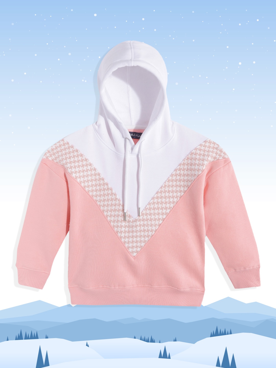 

White Snow Girls Pink & White Colourblocked Fuzzy Houndstooth Detail Hooded Sweatshirt
