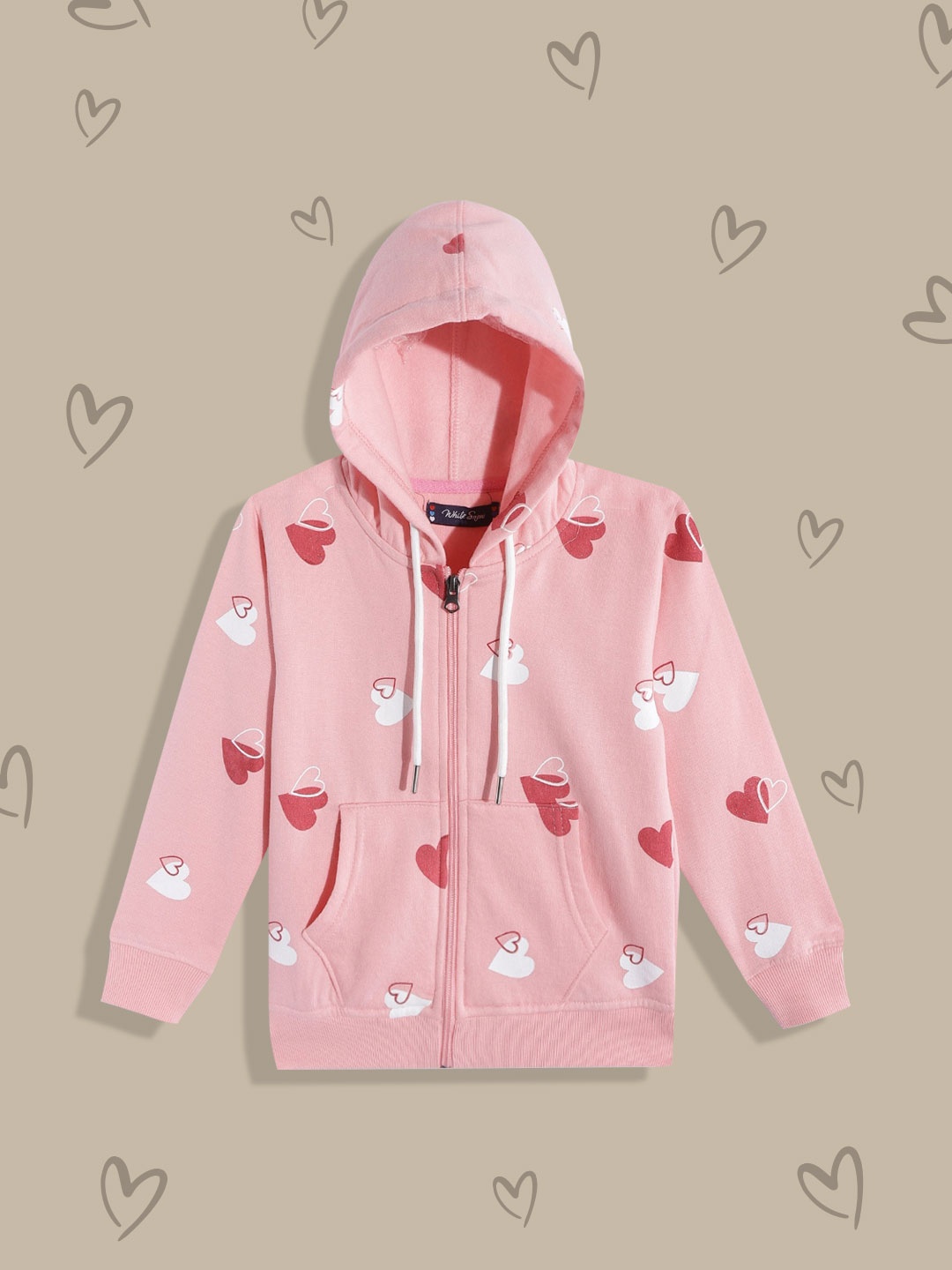 

White Snow Girls Pink & White Conversational Printed Hooded Sweatshirt