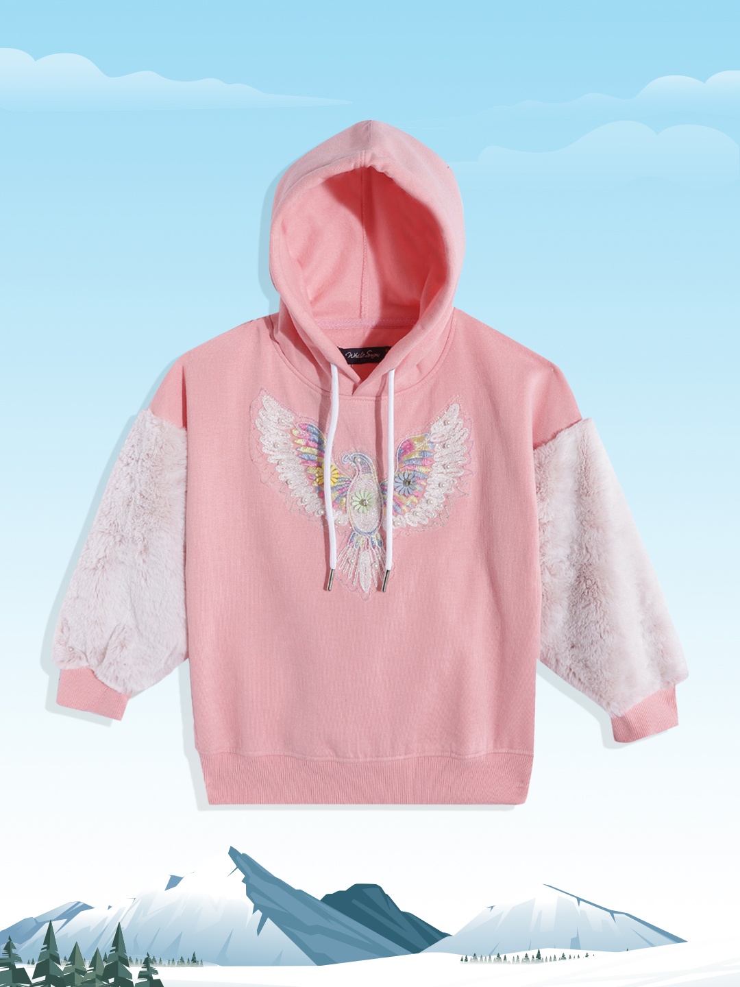 

White Snow Girls Pink & White Embellished Faux Fur Hooded Sweatshirt