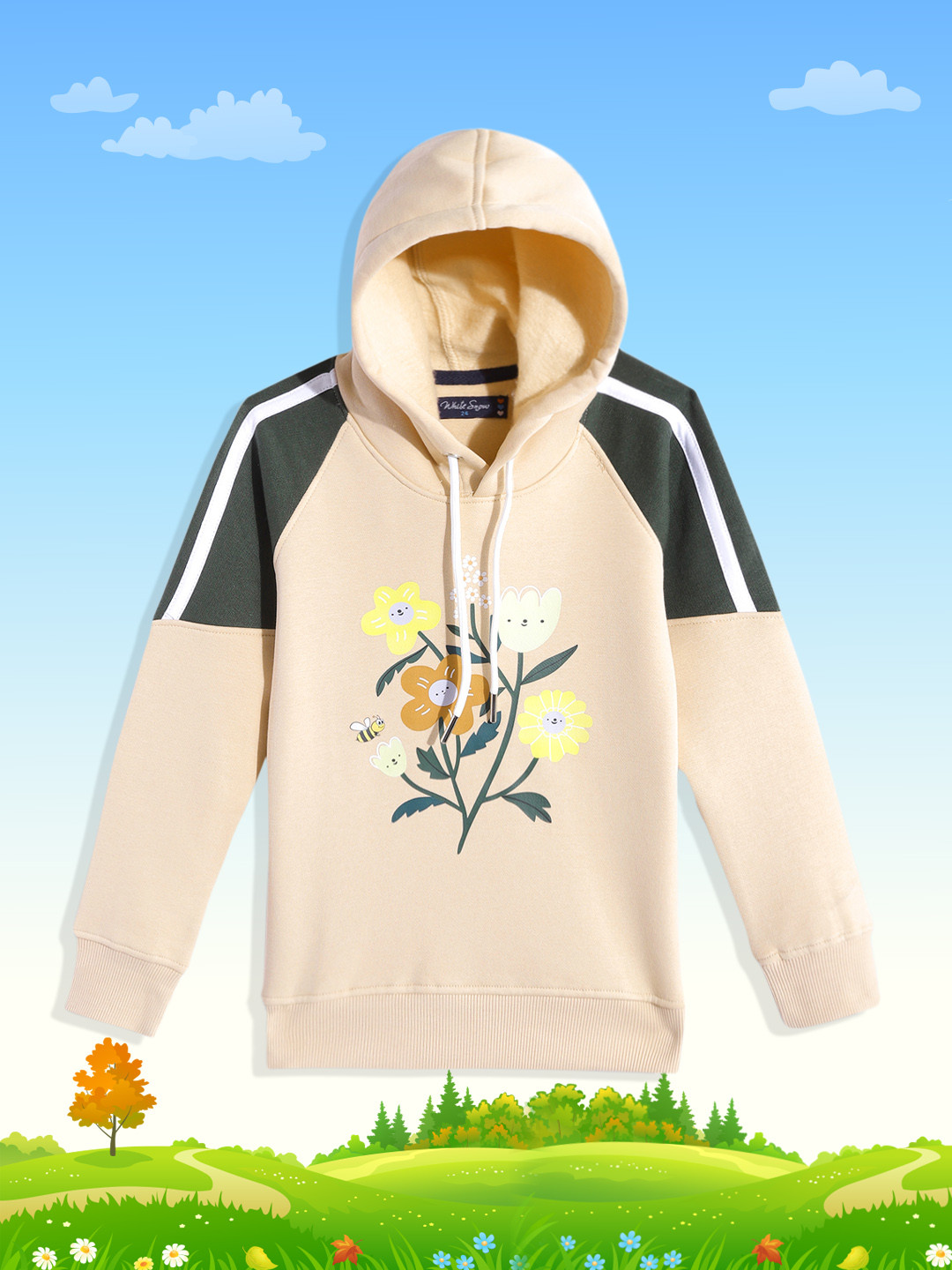

White Snow Girls Beige & Green Floral Printed Hooded Sweatshirt