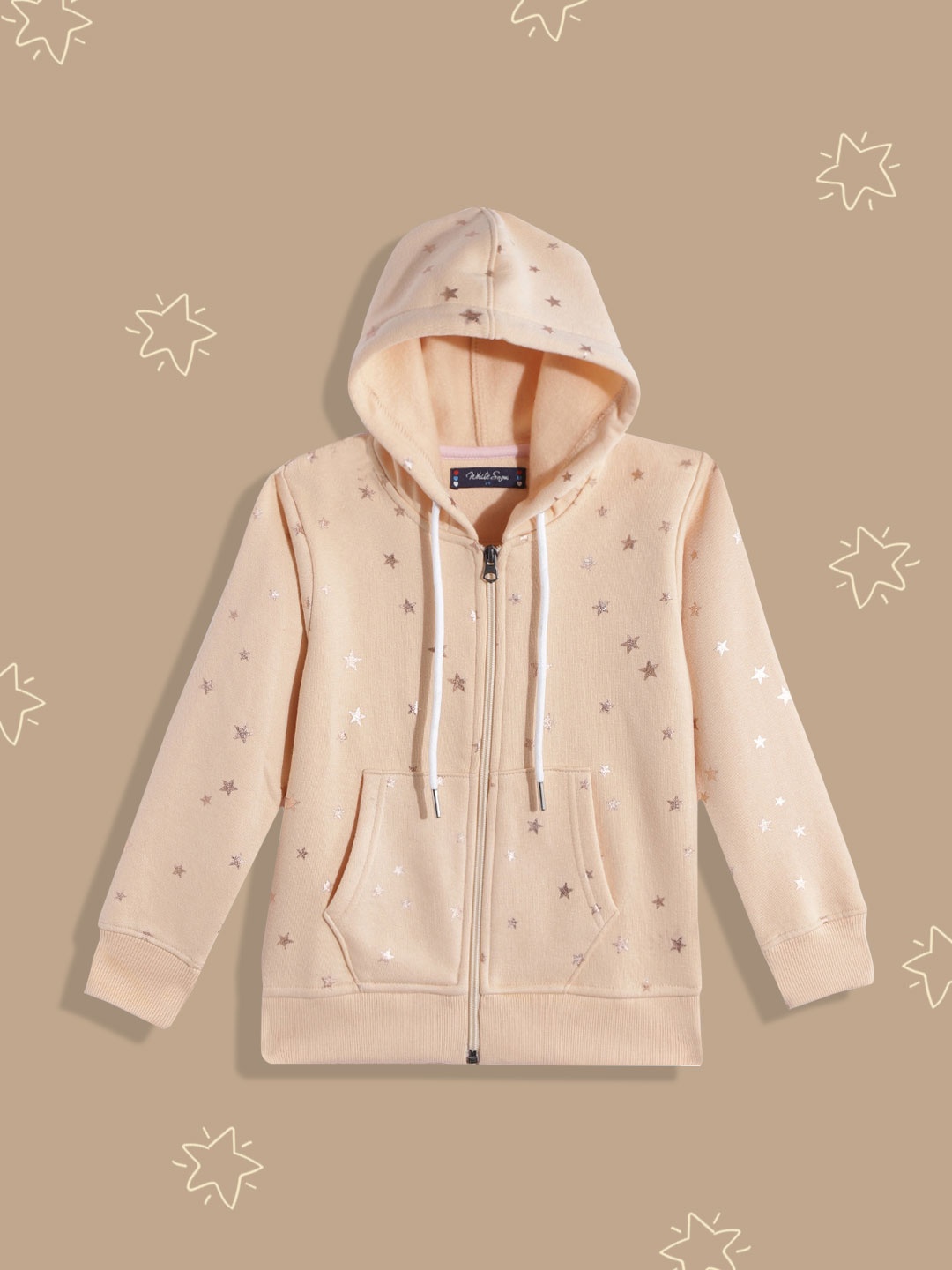 

White Snow Girls Peach-Coloured Star Printed Hooded Sweatshirt