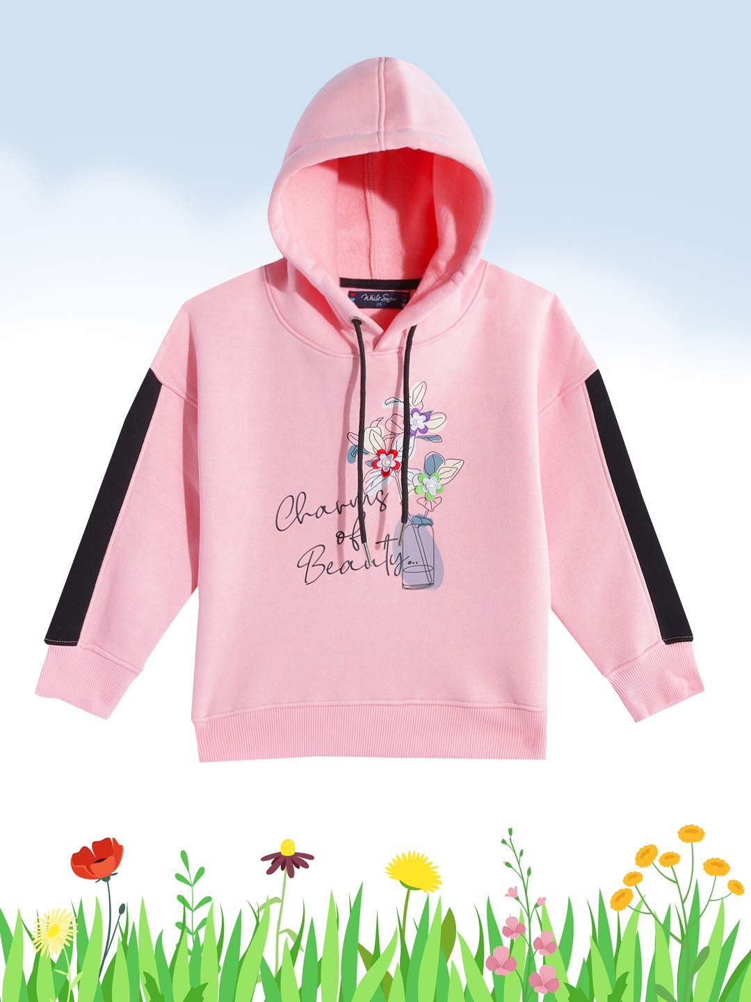 

White Snow Girls Pink & Black Graphic Printed Hooded Sweatshirt