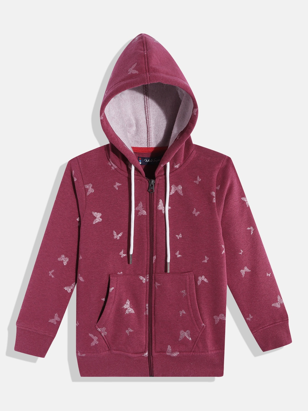 

White Snow Girls Maroon Conversational Printed Hooded Sweatshirt