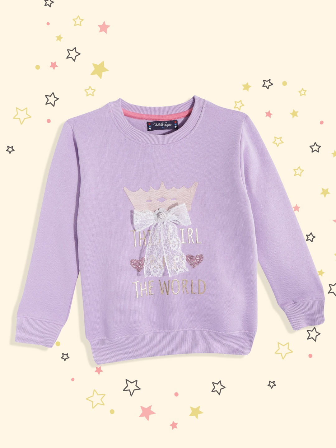 

White Snow Girls & White Lavender Graphic Printed Lace Bow Inserts Sweatshirt