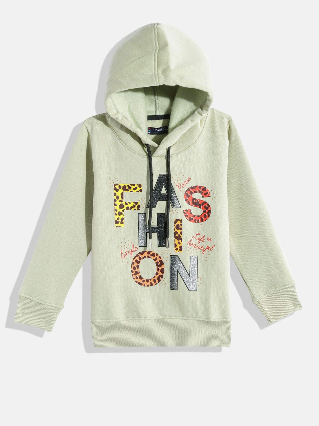 

White Snow Girls Olive Green & Silver-Toned Typography Printed Hooded Sweatshirt