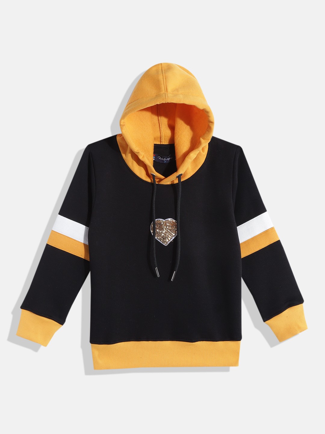 

White Snow Girls Black Heart-Shaped Sequin Embellished Hooded Sweatshirt