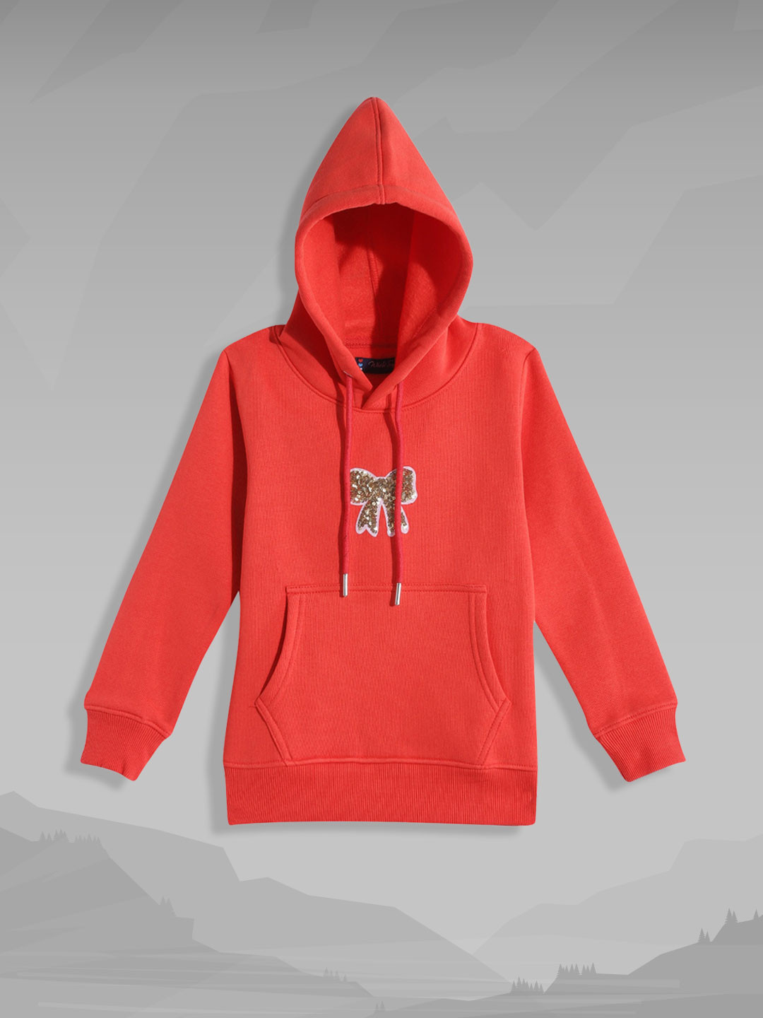 

White Snow Girls Red & Gold-Toned Solid Bow-Shaped Sequin Embellished Hooded Sweatshirt