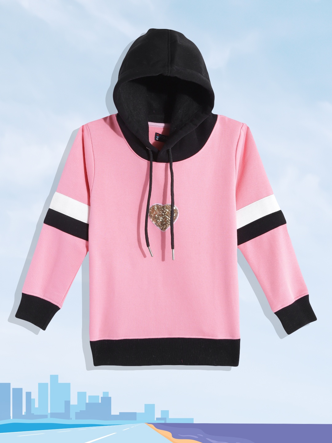 

White Snow Girls Pink & Black Heart-Shaped Sequin Embellished Hooded Sweatshirt