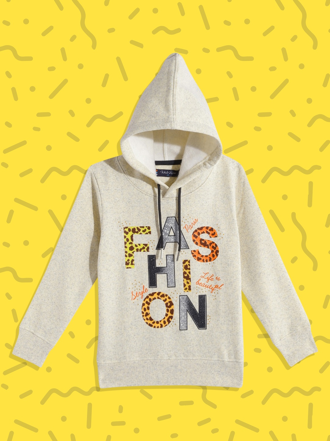 

White Snow Girls Beige & Silver-Toned Typography Printed Hooded Sweatshirt