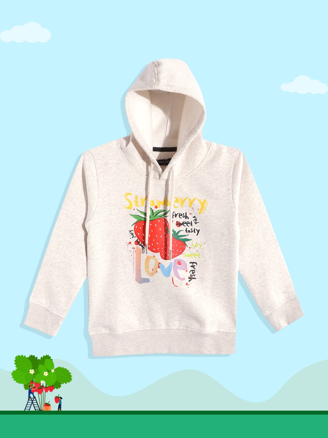 

White Snow Girls Beige & Red Graphic Printed Hooded Sweatshirt with Melange Effect
