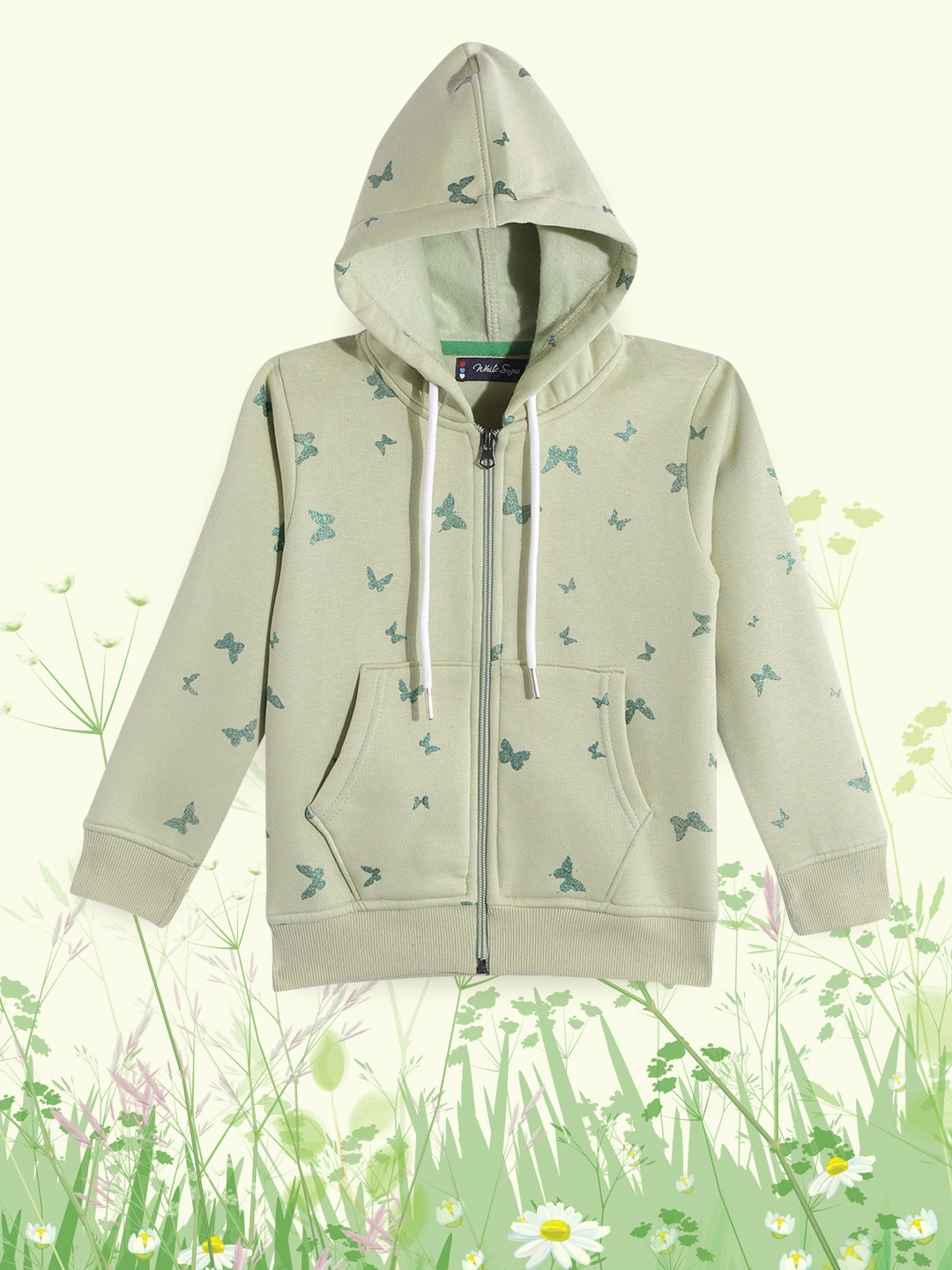 

White Snow Girls Green Shimmer Butterfly Printed Hooded Sweatshirt