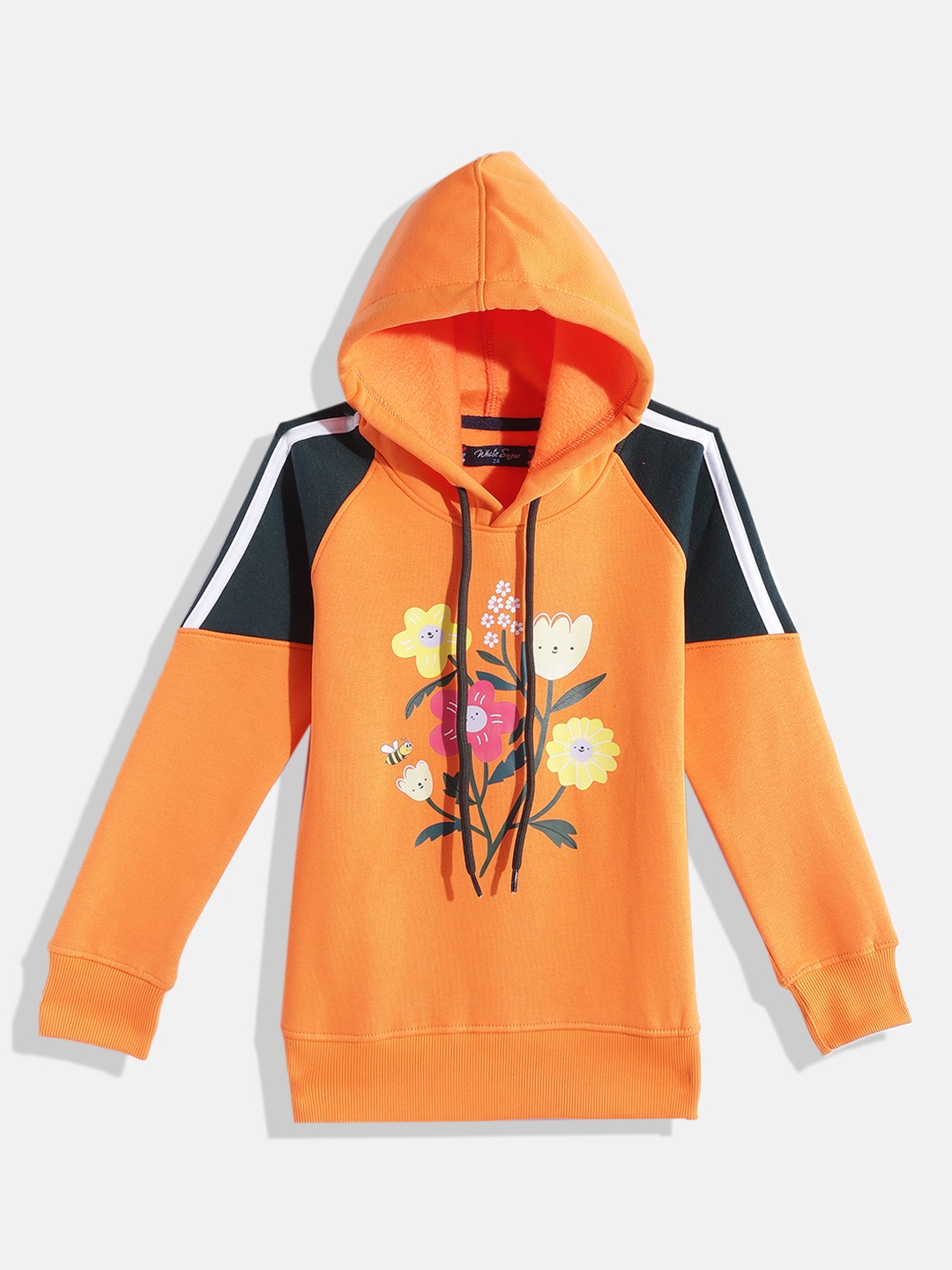 

White Snow Girls Orange & Black Floral Printed Hooded Sweatshirt