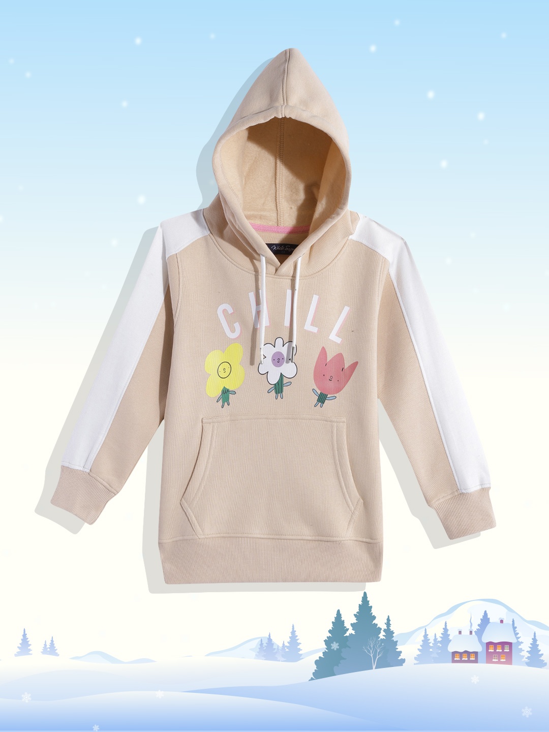 

White Snow Girls Beige & White Graphic Printed Hooded Sweatshirt