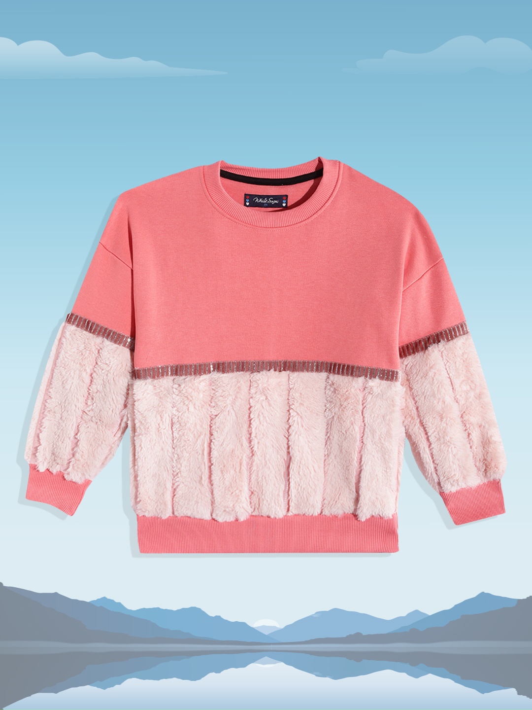 

White Snow Girls Pink Self Design Sweatshirt