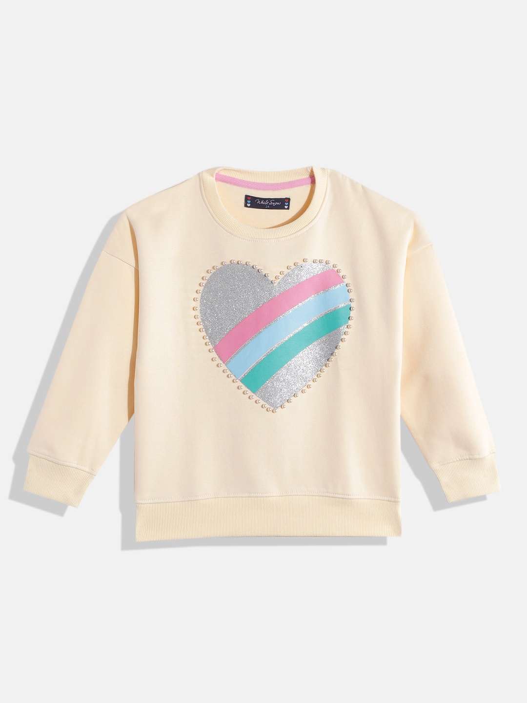 

White Snow Girls Cream-Coloured & Silver-Toned Shimmery Star Printed Beads Sweatshirt