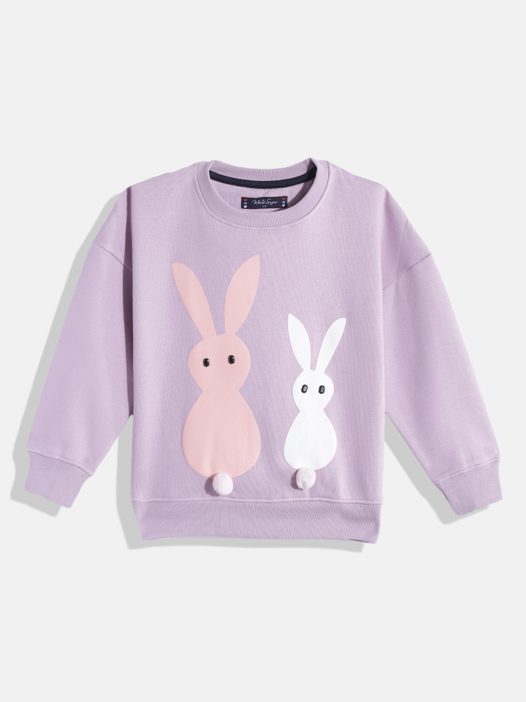 

White Snow Girls Purple & Peach-Coloured Graphic Printed Stone Embellished Sweatshirt