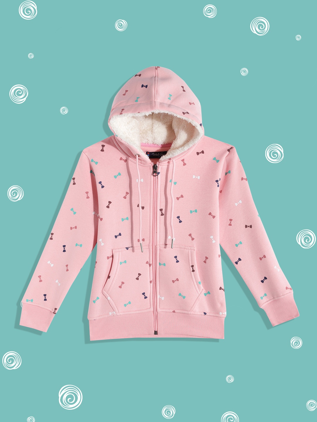 

White Snow Girls Pink & Green Conversational Printed Hooded Sweatshirt