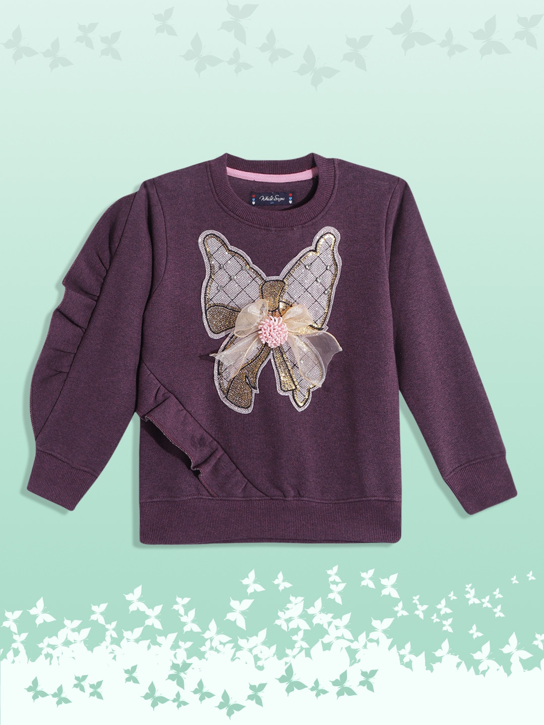 

White Snow Girls Aubergine & Gold Sequined Bow Detail Ruffled Sweatshirt, Purple