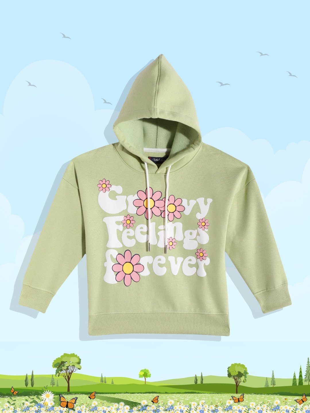 

White Snow Girls Mint Green & White Floral Printed Hooded Sweatshirt