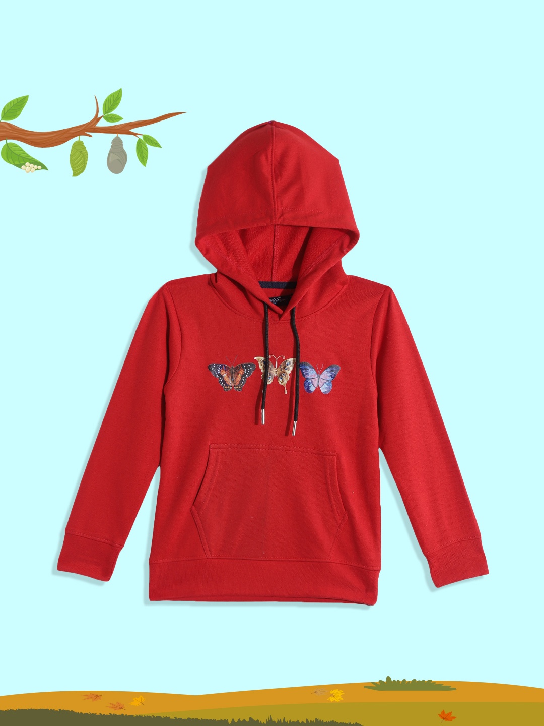 

White Snow Girls Red & Blue Butterfly Printed Hooded Sweatshirt