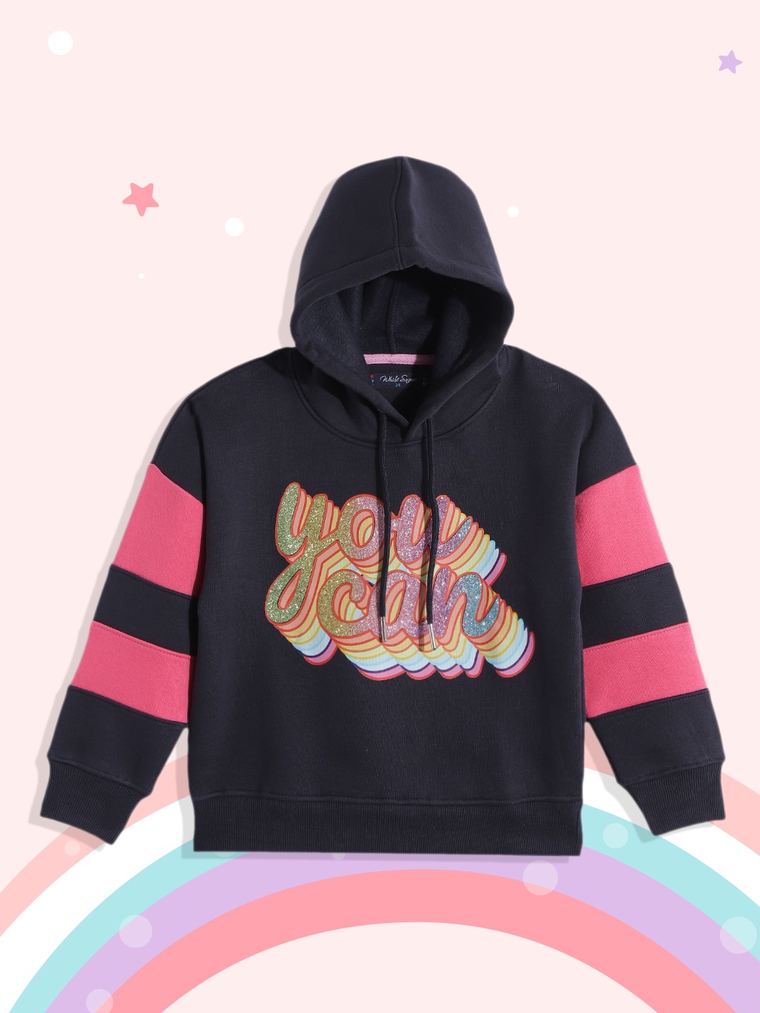

White Snow Girls Navy Blue & Pink Shimmery Typography Printed Hooded Sweatshirt