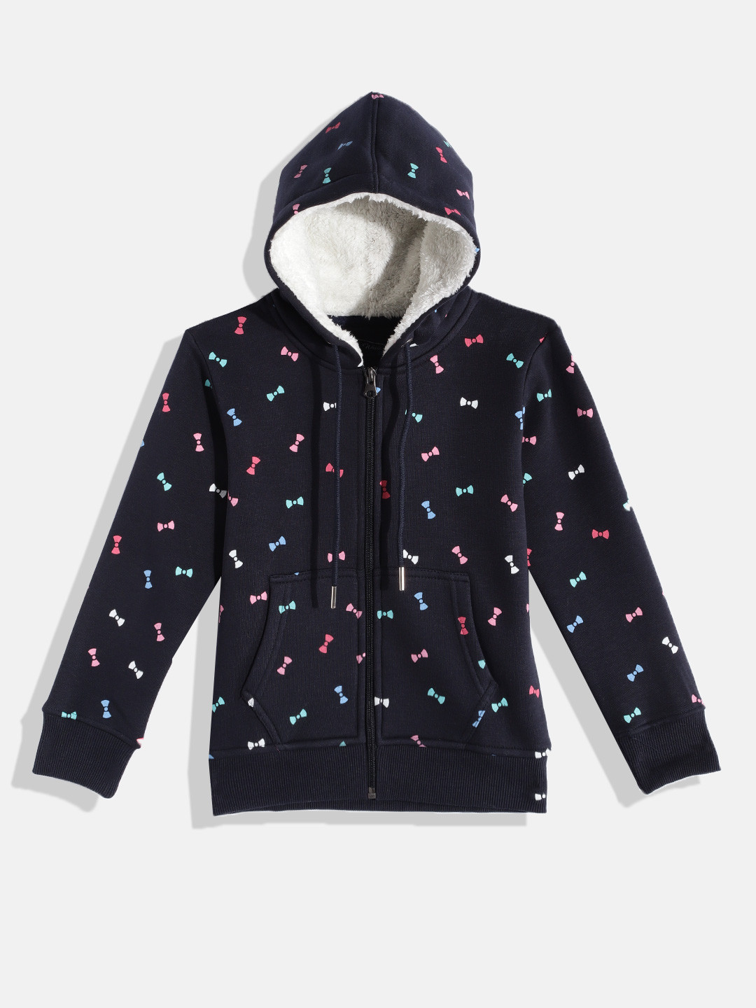 

White Snow Girls Navy Blue & Pink Conversational Print Hooded Sweatshirt