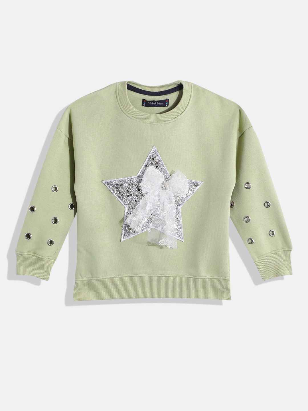 

White Snow Girls Sage Green Star-Shaped Sequin Embellished Lace Insert Sweatshirt