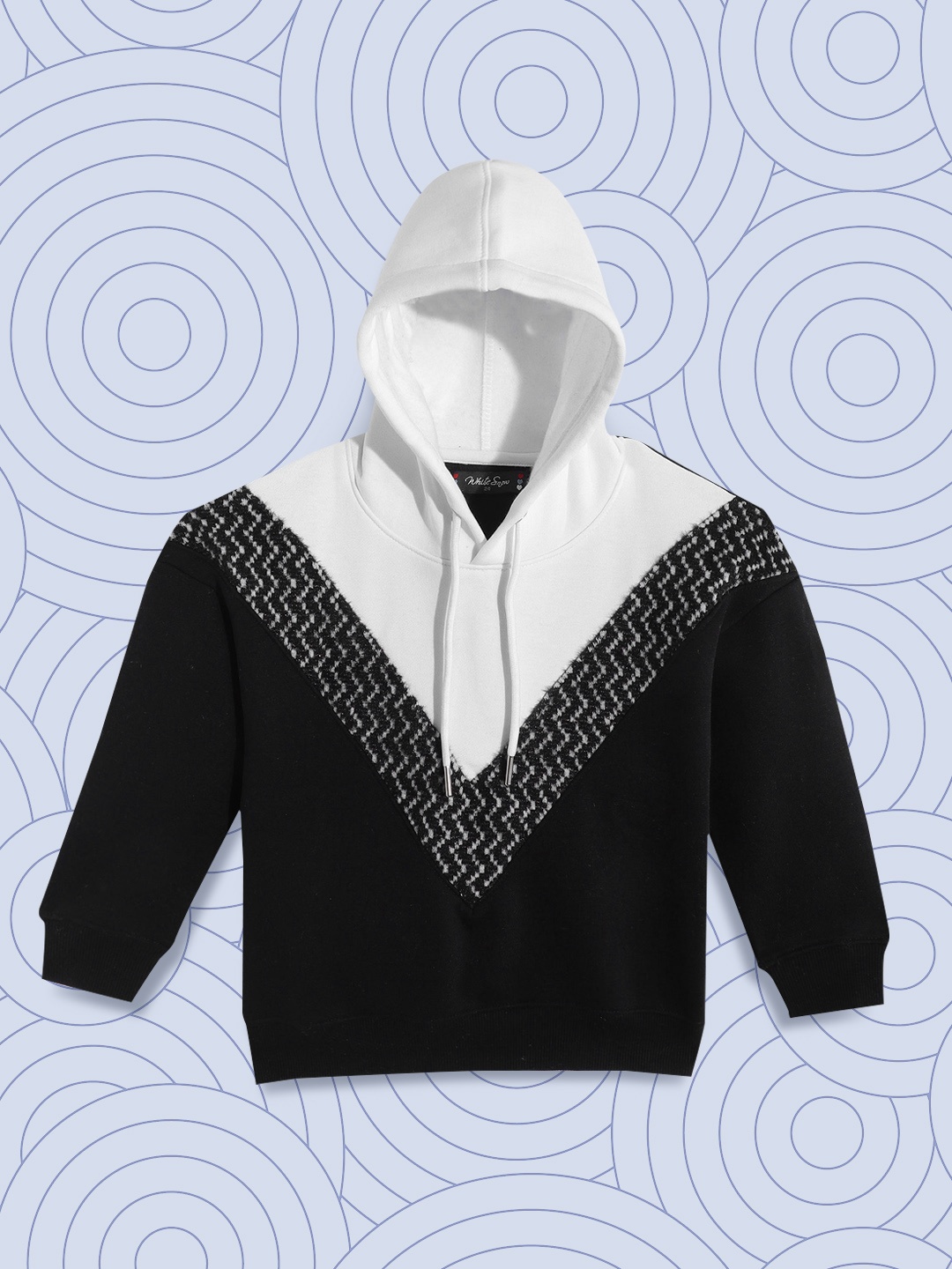 

White Snow Girls Black & White Colourblocked Fuzzy Houndstooth Detail Hooded Sweatshirt