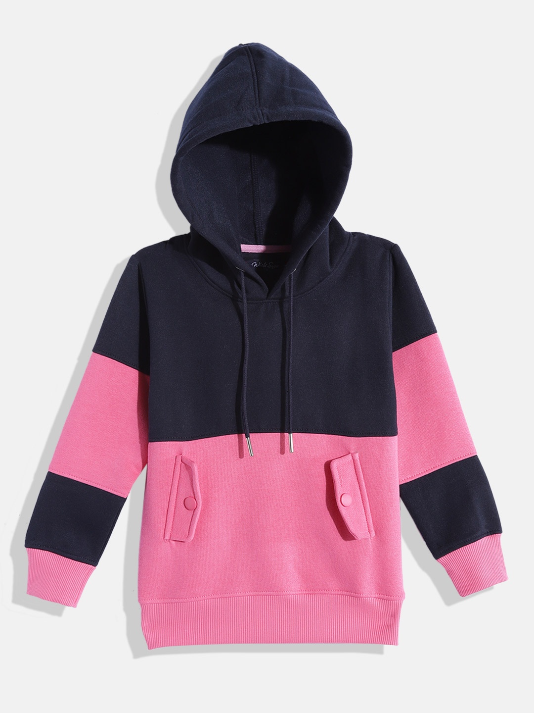 

White Snow Girls Navy Blue & Pink Colourblocked Hooded Mock Flap Pockets Sweatshirt