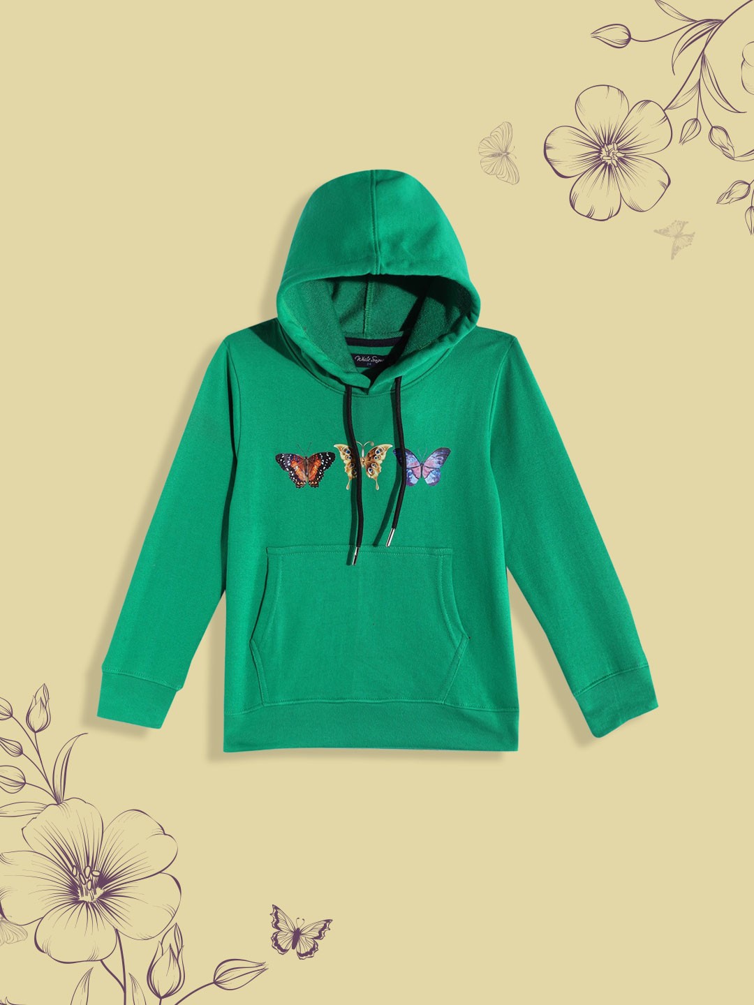 

White Snow Girls Green Solid Hooded Sweatshirt