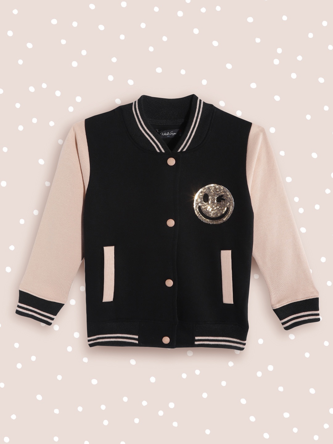 

White Snow Girls Black & Beige Solid Sequined Applique Varsity Jacket