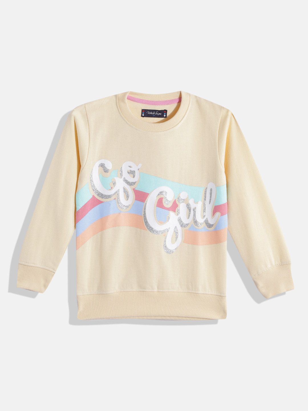 

White Snow Girls Cream-Coloured & White ShimmeryTypography Printed Sweatshirt