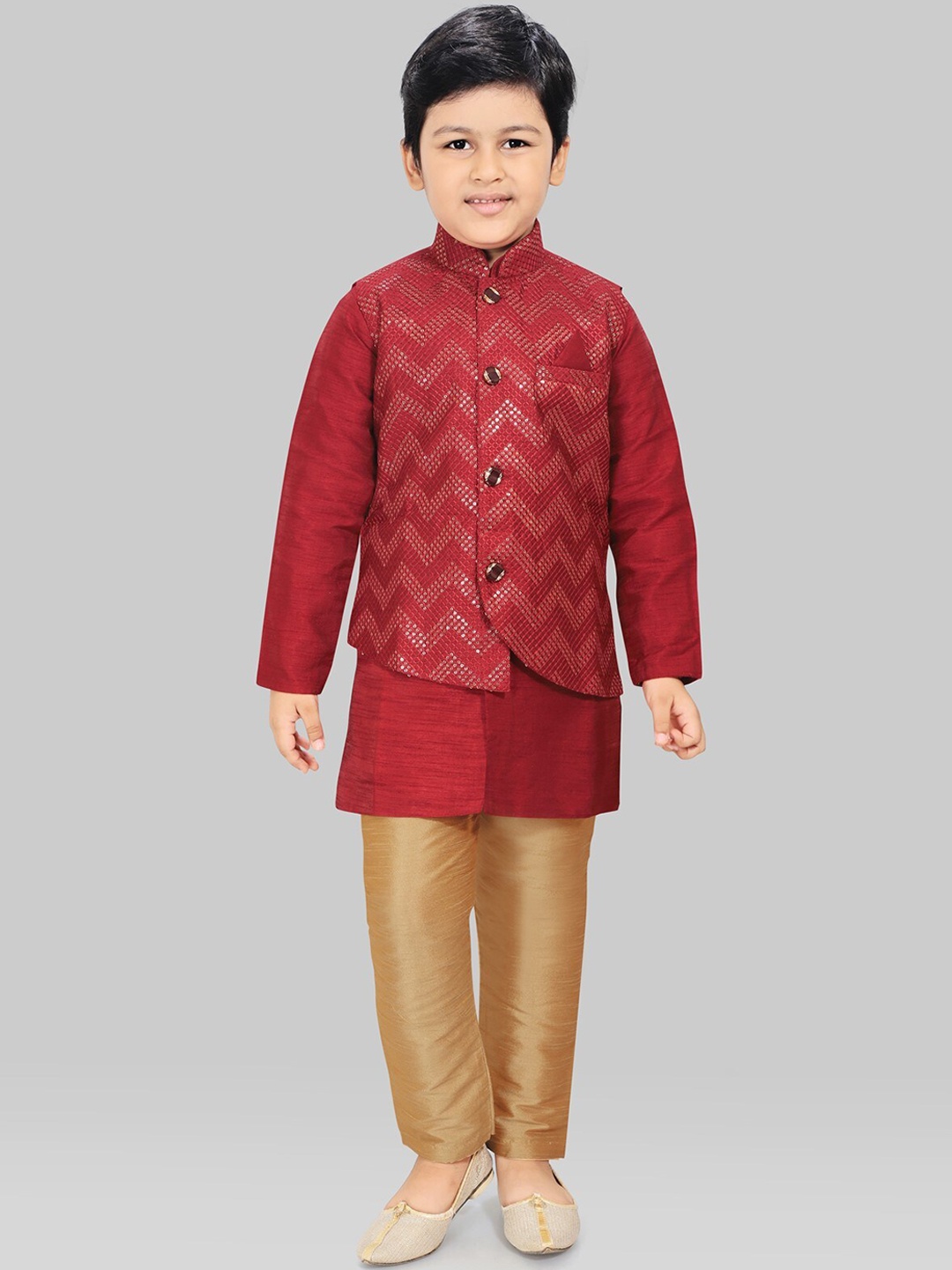 

SALWAR STUDIO Boys Maroon Layered Kurti with Pyjamas