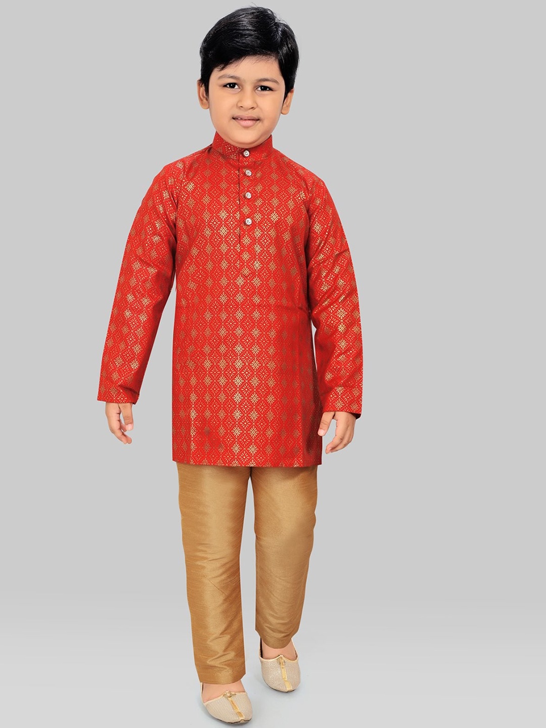 

SALWAR STUDIO Boys Red Angrakha Pure Cotton Kurti with Pyjamas