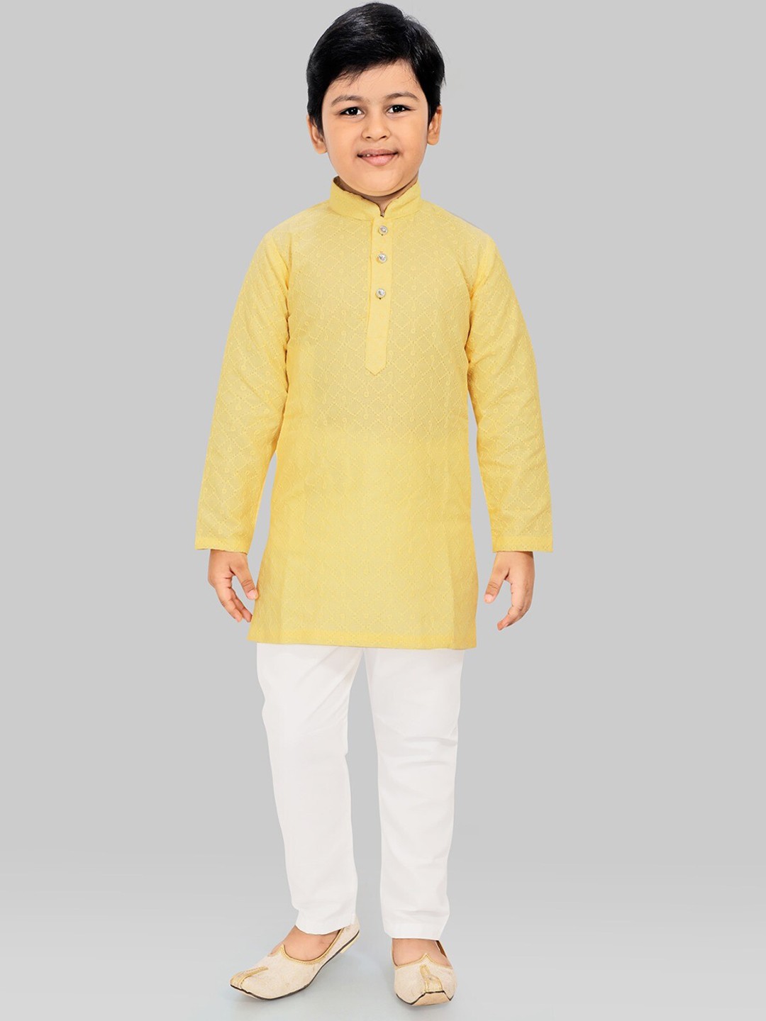 

SALWAR STUDIO Boys Yellow Pleated Kurti with Pyjamas