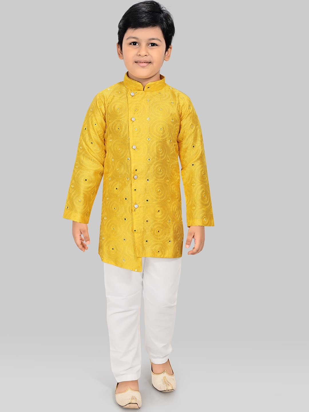 

SALWAR STUDIO Boys Yellow Striped Angrakha Kurti with Pyjamas