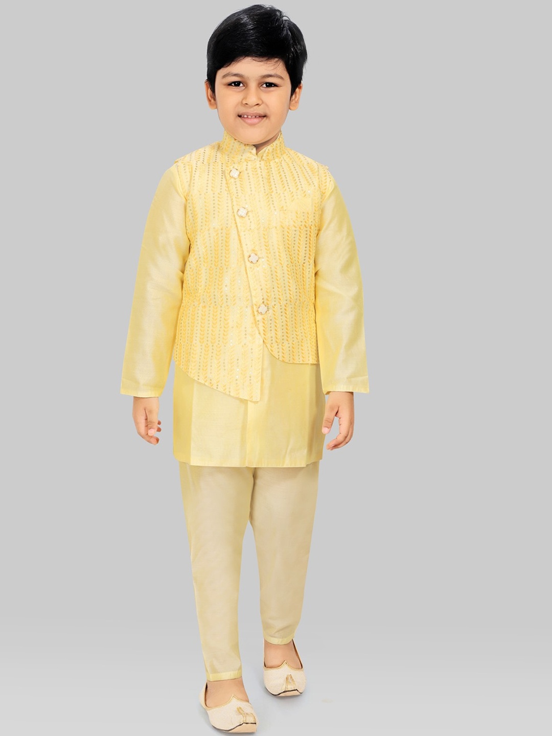 

SALWAR STUDIO Boys Yellow Embroidered Layered Kurti with Pyjamas