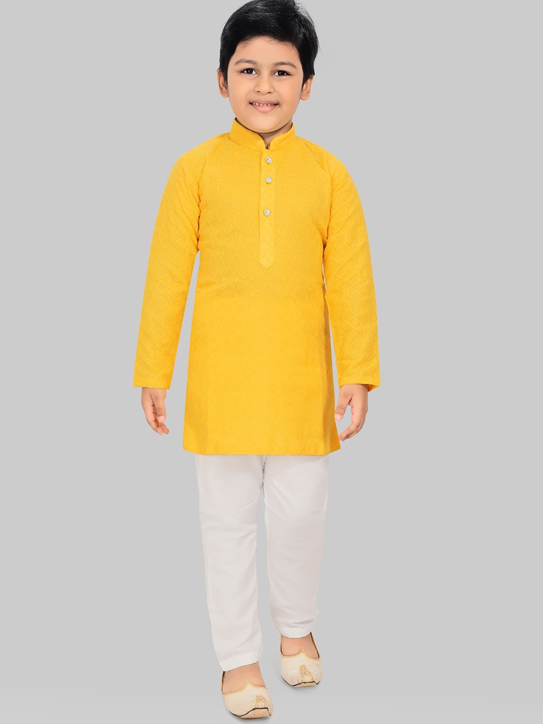 

SALWAR STUDIO Boys Yellow Pleated Kurti with Pyjamas
